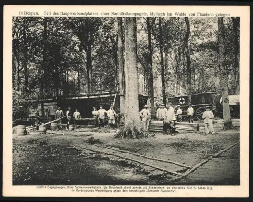 Riesen-AK Hauptverbandplatz einer Sanitätskompagnie in Flandern, Bagagewagen, Schreinerwerkstatt, Rotes Kreuz