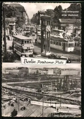 AK Berlin, Potsdamer Platz, Strassenbahn, hinter Mauer und Stacheldraht