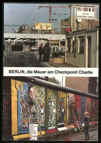 AK Berlin, die Mauer am Checkpoint Charlie, Künstler bemalen die Mauer