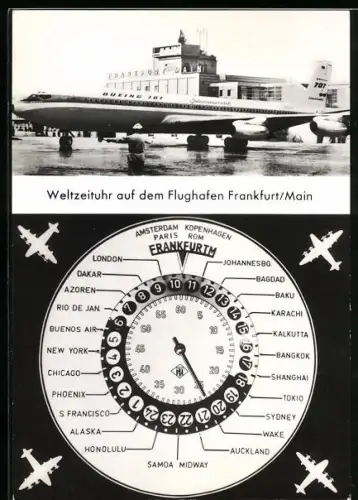 AK Frankfurt, Weltzeituhr auf dem Flughafen, Boeing 707