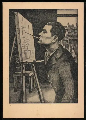 Künstler-AK Ericht Stegmann: Selbstbildnis, mit dem Munde gezeichnet von dem gelähmten Künstler