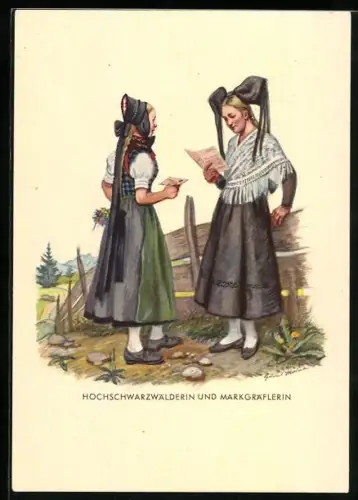 AK Hochschwarzwälderin und Markgräflerin in Schwarzwälder Tracht