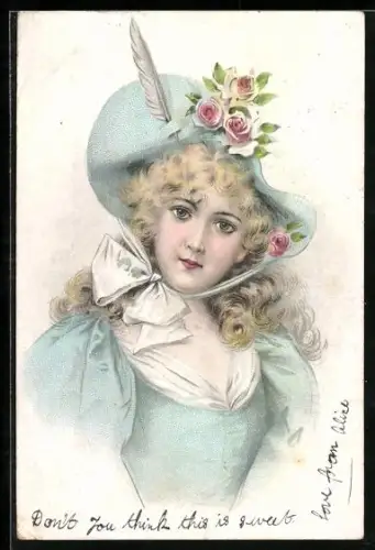 AK Junge Dame mit rosenbestücktem Hut