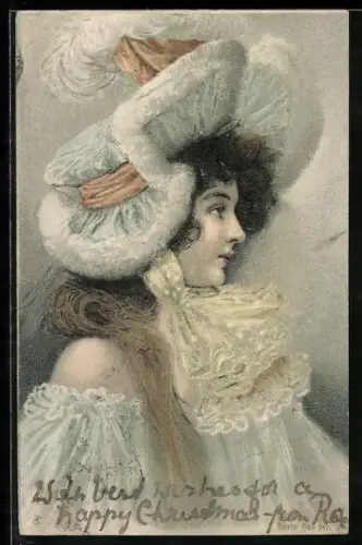 Lithographie Fräulein mit pompösem Hut