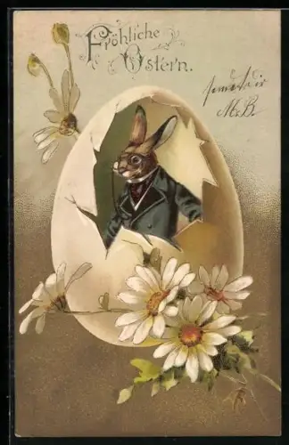 Präge-AK Osterhase im Anzug mit Monokel in einem Ei