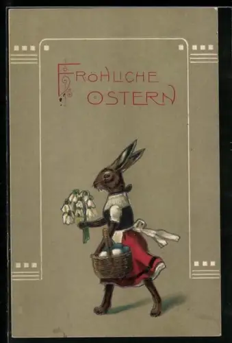 Präge-AK Osterhase mit Schneeglöckchen und Korb