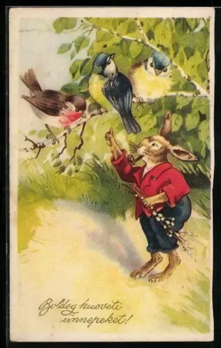 AK Osterhase redet mit Rotkehlchen und Meisen