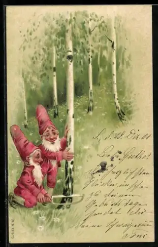 Lithographie Zwerge fällen mit einer Säge eine Birke