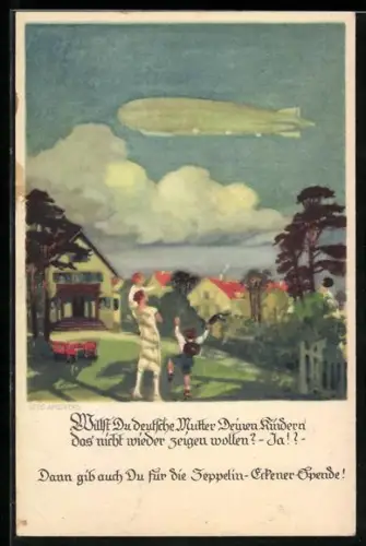 Künstler-AK Mutter m. Kindern winken Luftschiff zu