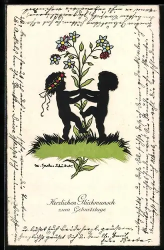 Künstler-AK Marta Sachse-Schubert: Kinder tanzen um ein Blümchen, Schattenbild