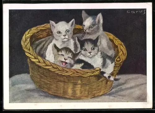 Künstler-AK Carus: Vier fröhliche Kitten in einem Korb