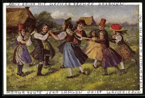 Künstler-AK Georg Mühlberg: Tanzende Kinder im Kreis, Ringelreihen im Schwarzwald