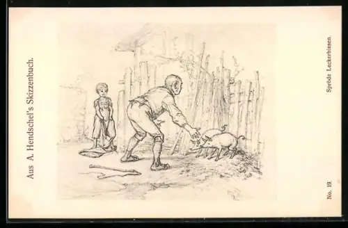 Künstler-AK Albert Hendschel: Mann versucht zwei Schweinchen zu fangen