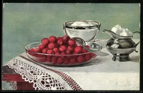 Künstler-AK M. Billing: Stilleben mit Beeren