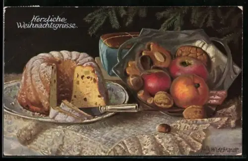 Künstler-AK Fritz Hildebrandt: Stillleben mit Kuchen, frischem Obst und Walnüssen
