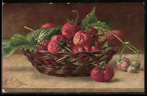 Künstler-AK M. Billing: Stilleben mit Körbchen voller roter Erdbeeren