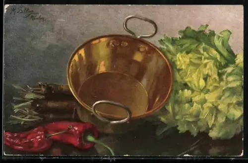 Künstler-AK M. Billing: Stillleben mit Kopfsalat und Paprika