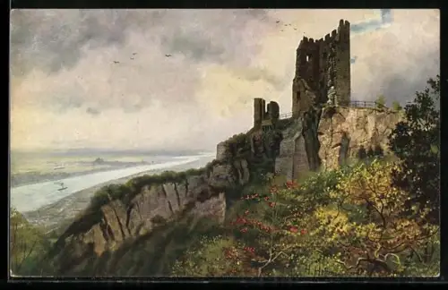 Künstler-AK Heinrich Hoffmann: Der Drachenfels mit Blick auf Königswinter und Godesberg