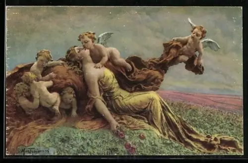Künstler-AK Domenico Mastroianni: Hübsche Frau auf einer Wiese wird von Engeln besucht