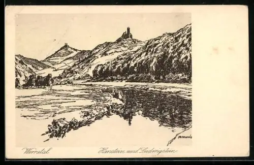 Künstler-AK Otto Ubbelohde: Partie im Werratal mit Hanstein und Ludwigstein