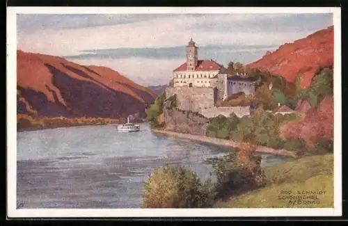Künstler-AK Schönbühel a. Donau, Panoramablick auf Ort und Donau, Dampfer