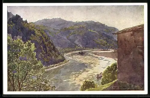 Künstler-AK Rudolf Schmidt: St. Nikola, Donauwinkel mit Dampfer