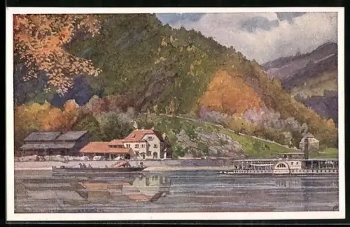 Künstler-AK Kirchberg ob der Donau, Obermühl, Dampfer der Donau-Dampfschiffahrtsgesellschaft Wien