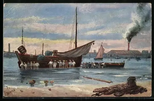 Künstler-AK T. Bianco: Segelschiff in Ufernähe im Hafen