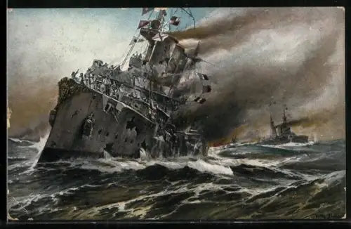 Künstler-AK Kreuzer Nürnberg und englisches Flaggschiff Shannon, Schlacht b. d. Falklandinseln