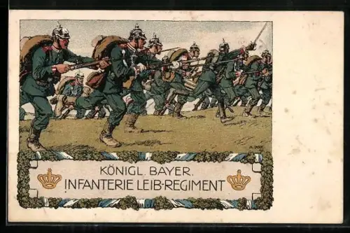 Künstler-AK Soldaten d. Kgl. Bayer. Infanterie-Leib-Regiment im Sturmangriff