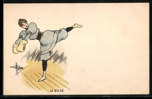 Künstler-AK Albert Guillaume: Boxerin holt aus