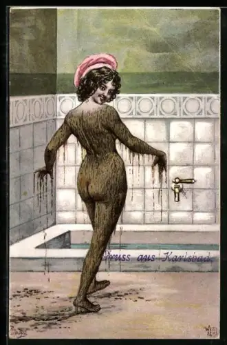 Künstler-AK Nackte Dame nach dem Moorbad