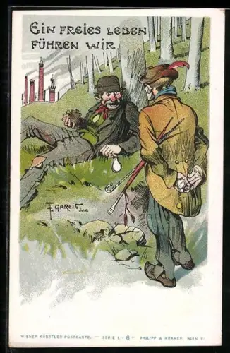 Künstler-AK Philipp + Kramer Nr. LI-8: Zwei Landstreicher treffen sich vor der Stadt