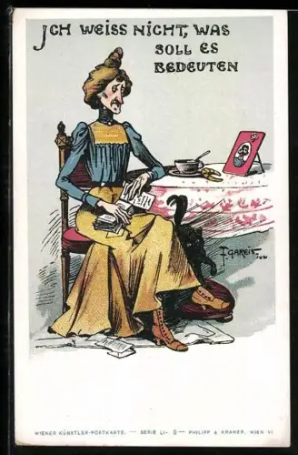 Künstler-AK F. Gareis: Dame blickt traurig zu dem Porträt eines Soldaten