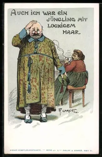 Künstler-AK F. Gareis: Älterer Mann fasst sich an die Glatze