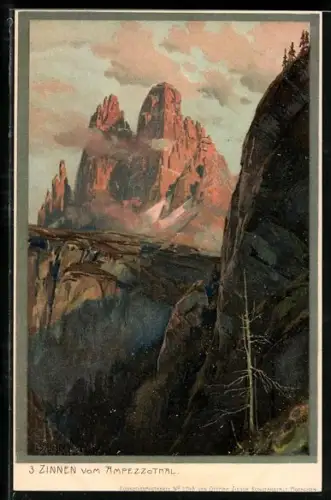 Künstler-Lithographie Zeno Diemer: Cortina d`Ampezzo, 3 Zinnen vom Ampezzothal