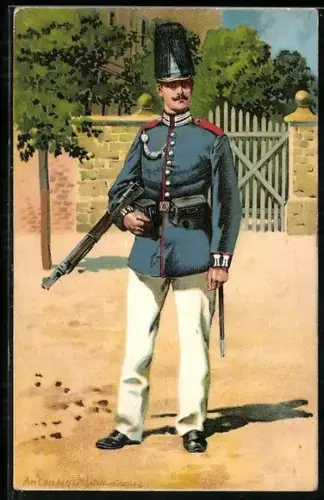 Künstler-AK Anton Hoffmann - München: Soldat in Uniform mit Pickelhaube und Gewehr