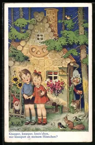 Künstler-AK Fritz Baumgarten: Hexe tritt aus dem Lebkuchenhaus und erblickt Hänsel und Gretel, Katze, Zwerg