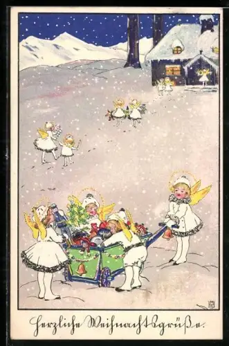 Künstler-AK M.H.S.: Weihnachtsengel bringen Geschenke zu einem Haus