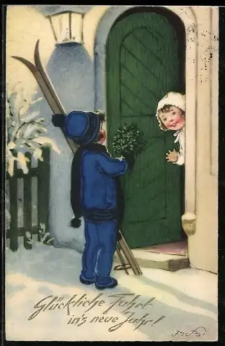 Künstler-AK Fritz Baumgarten: Junge mit Skiern überreicht einem Mädchen Blumen