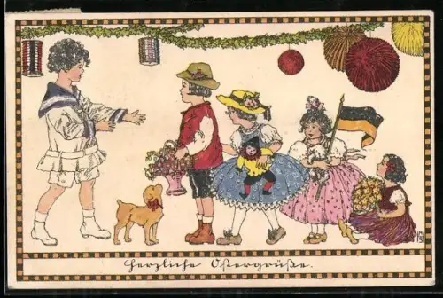 Künstler-AK M.H.S.: Kleine Kinder mit Hunden und Geschenken zu Ostern