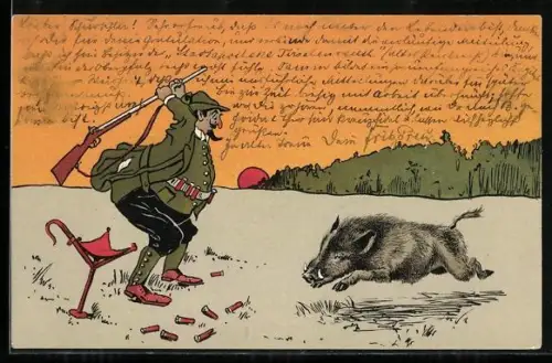 Künstler-AK unsign.: Jäger will mit seinem Gewehr ein Wildschwein schlagen