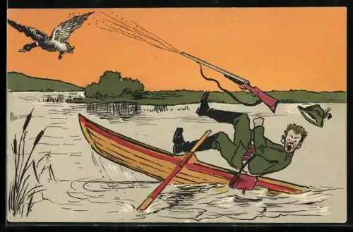AK Rückstoss lässt das Boot eines Entenjägers kentern, Jagdhumor