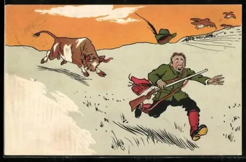 Künstler-AK Ermenegildo Carlo Donadini unsign.: Jäger flüchtet vor wildem Stier