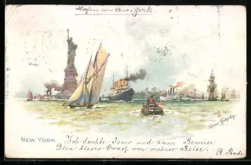 Künstler-AK Hans Bohrdt: New York, Dampfschiffe und Luxusliner an der Freiheitsstatue