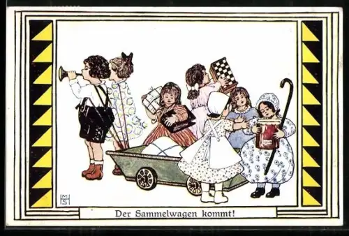 Künstler-AK M.H.S.: Der Sammelwagen kommt!, Kinder mit Bollerwagen