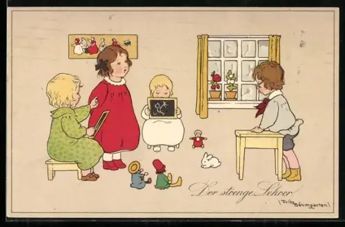 Künstler-AK Fritz Baumgarten: Kinder spielen Schule, Der strenge Lehrer!