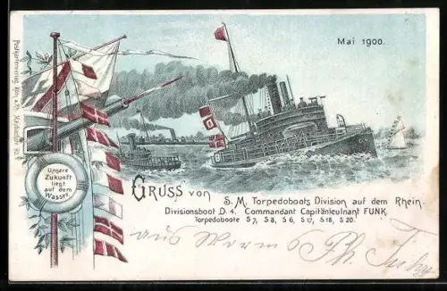 Lithographie S. M. Torpedoboots Division auf dem Rhein Mai 1900, Divisionsboot D-4, Kapitänleutnant Funk