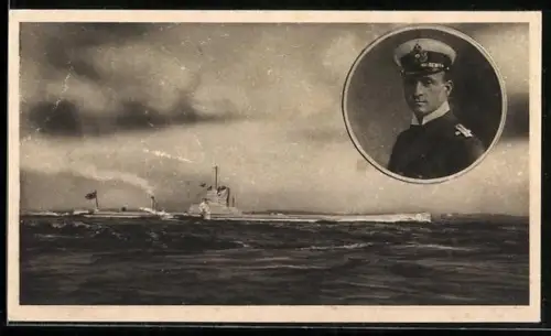 AK Deutsches U-Boot U-9 in Fahrt, Portrait Kommandant Kapt.Ltn. Otto Weddigen