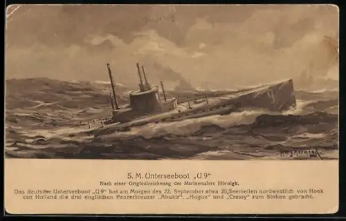 Künstler-AK S.M. U-Boot U-9 am Morgen des 22. Septembers 1914 vor Hoek van Holland
